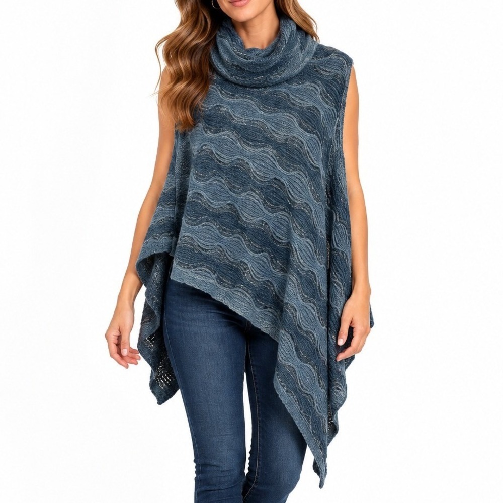 Cejon Blue Gray Metallic Knit Poncho Womens OSFA Cowl Neck Asymmetrical Wrap